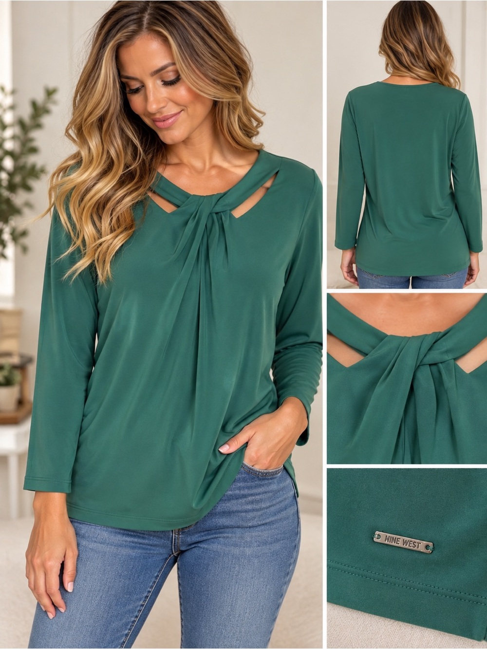 Nine West Emerald Green Knot-Front Long Sleeve Top